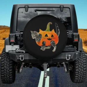 Tabby cat in jack-o-lantern pumpkin costume Halloween spare tire cover with no camera hole