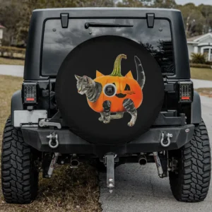 Tabby cat jack-o-lantern pumpkin Halloween spare tire cover with backup camera hole for Jeep