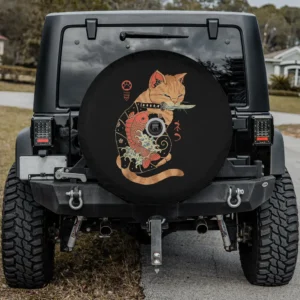 Tattooed cat biting katana koi fish spare tire cover with backup camera hole