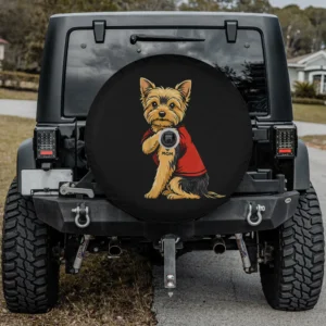 Tattooed Yorkshire Terrier in red shirt dog spare tire cover with camera hole