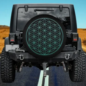 Teal flower of life sacred geometry spare tire cover on Ford Bronco, no camera hole