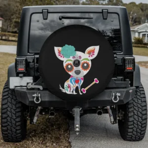 teal flower sugar skull chihuahua bone spare tire cover with camera hole for SUV