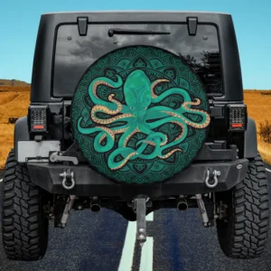 Teal kraken mandala octopus sea animal spare tire cover with no camera hole on Jeep