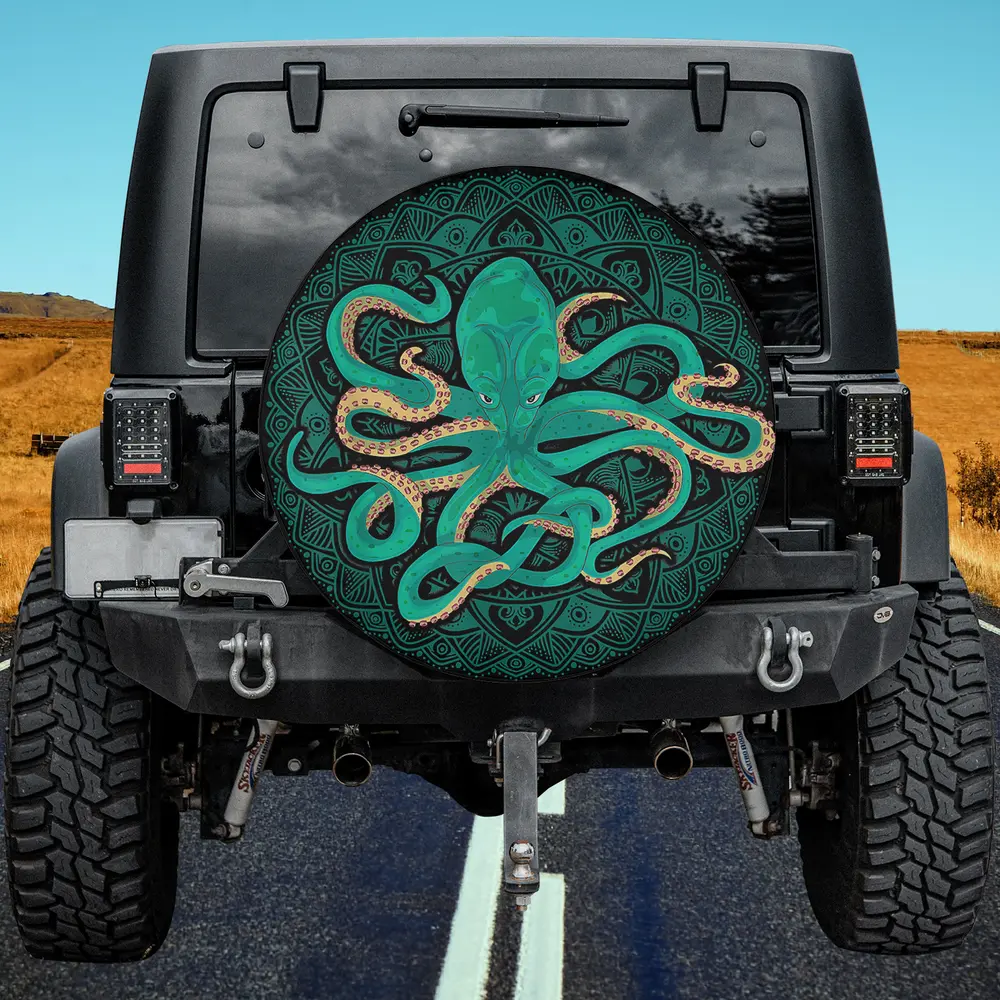 Teal kraken mandala octopus sea animal spare tire cover with no camera hole on Jeep