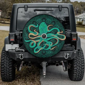 Teal kraken mandala octopus sea animal spare tire cover with backup camera hole option
