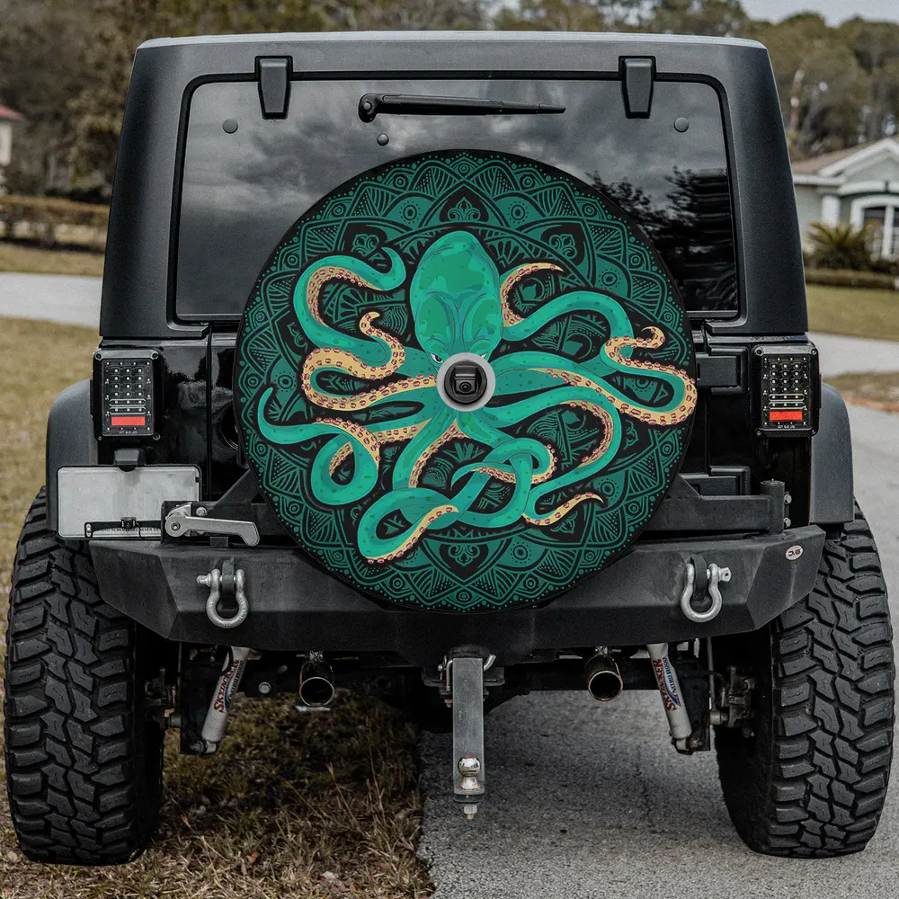 Teal kraken mandala octopus sea animal spare tire cover with backup camera hole option