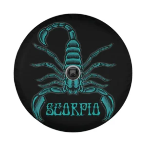 Bold teal line art scorpion and Scorpio text zodiac sign spare tire cover design