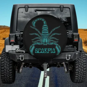 Teal line art scorpion and Scorpio zodiac sign spare tire cover with no camera hole