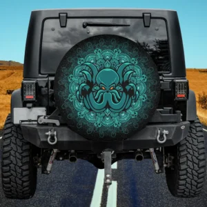 Teal mandala kraken orange eyes octopus spare tire cover on Jeep, no camera hole