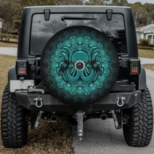 Teal mandala kraken orange eyes octopus spare tire cover with backup camera hole