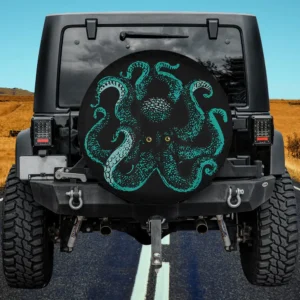 Teal octopus tentacles with stylized eyes spare tire cover no camera hole for Jeep