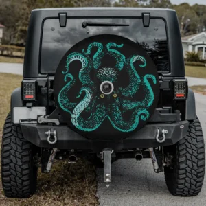 Teal octopus tentacles stylized eyes spare tire cover with camera hole for SUV