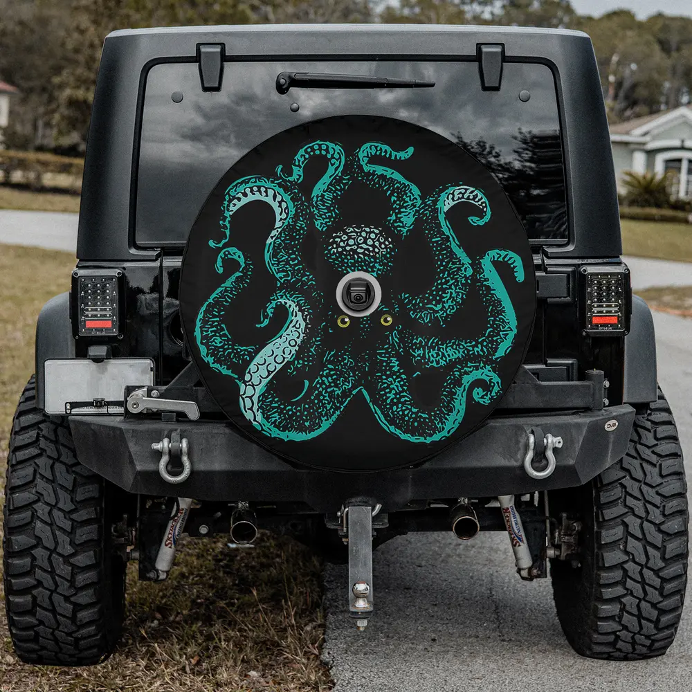 Teal octopus tentacles stylized eyes spare tire cover with camera hole for SUV