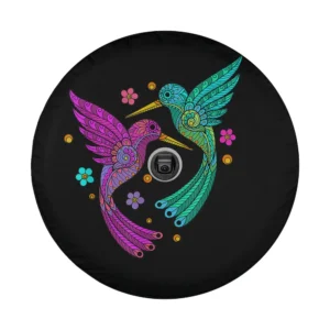 Mandala floral hummingbird design with teal and purple birds for tire cover