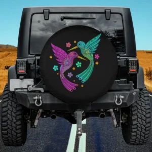 Teal and purple hummingbird mandala floral spare tire cover no camera hole