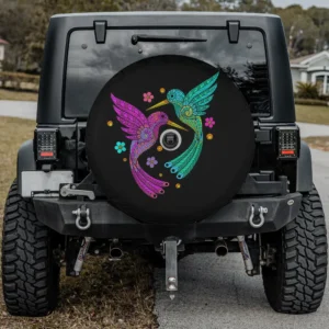 Teal and purple hummingbird mandala floral spare tire cover with camera hole