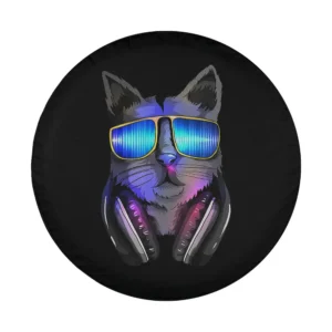 Neon DJ cat with sunglasses and headphones design for tire cover