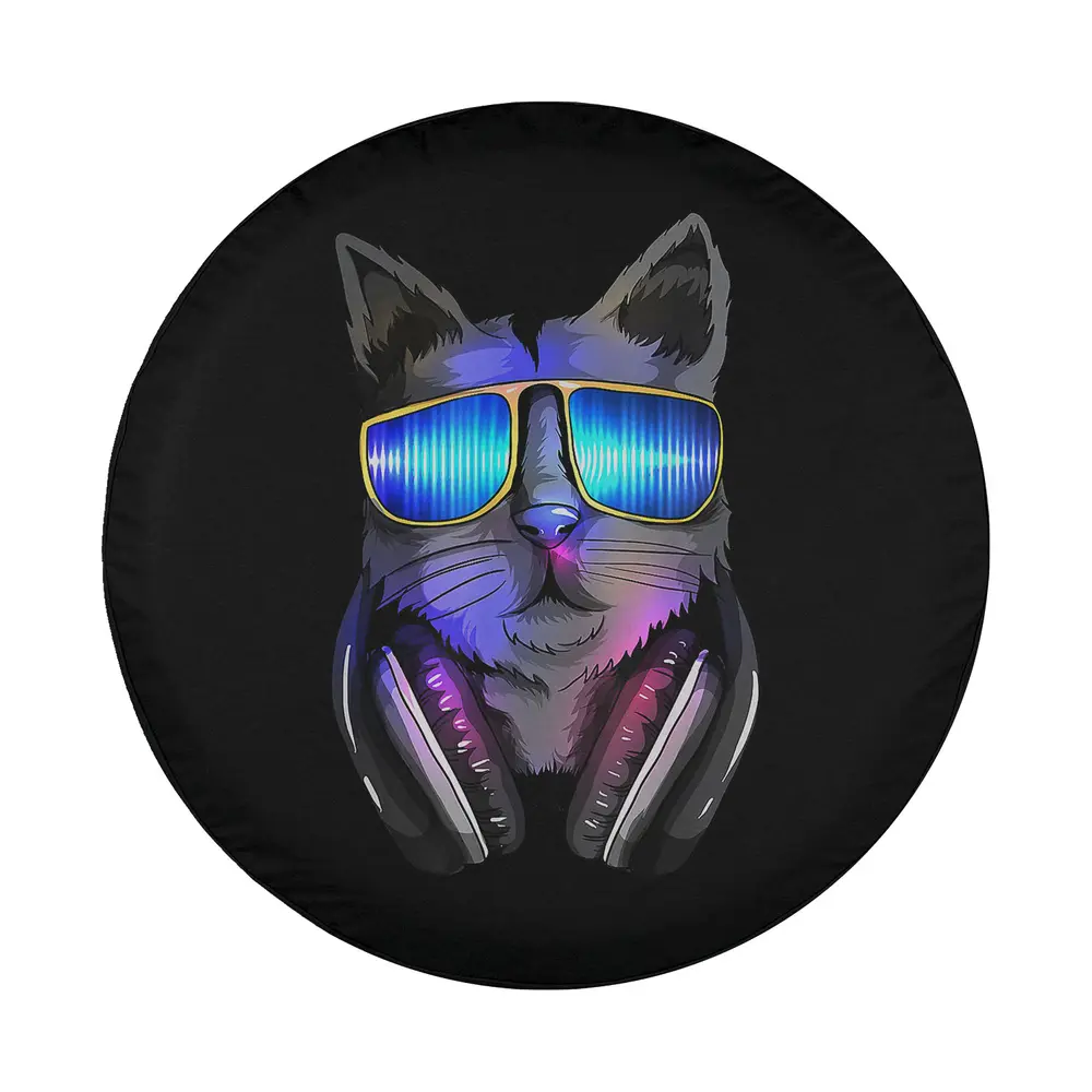 Neon DJ cat with sunglasses and headphones design for tire cover