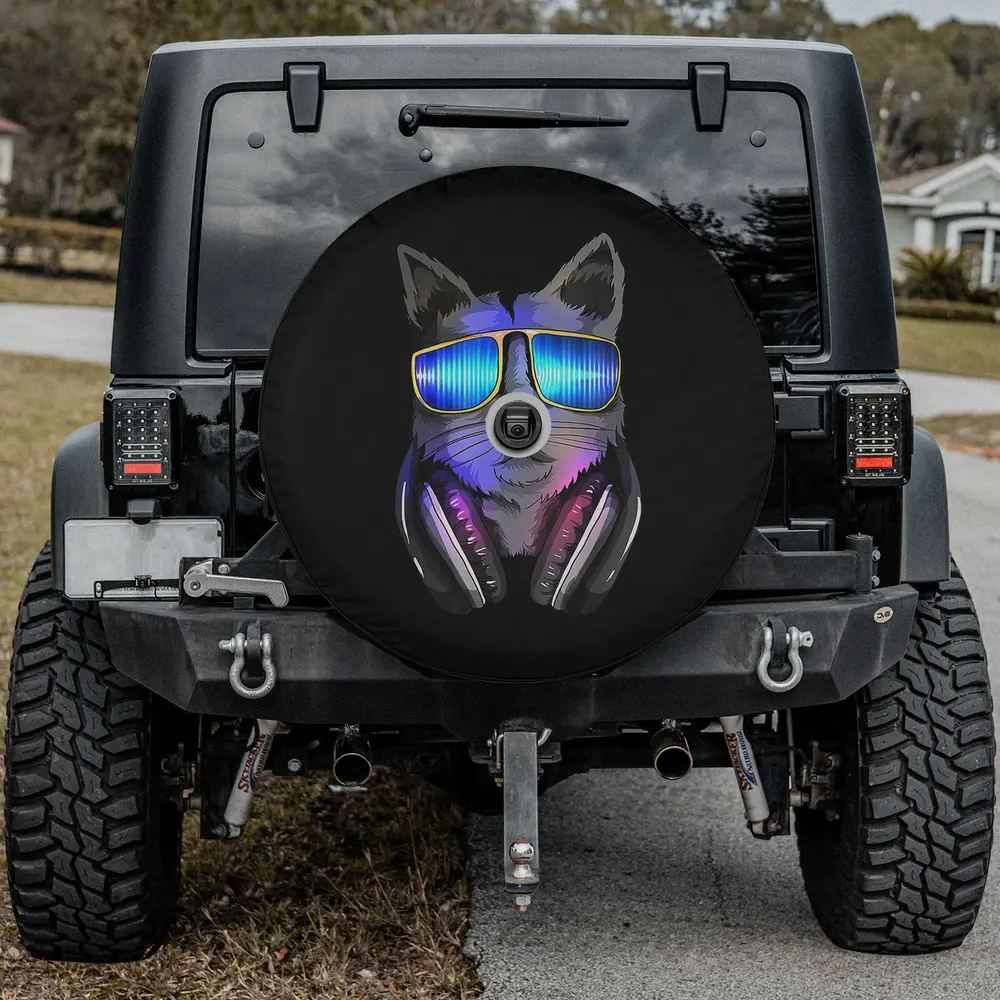 Techno DJ cat with neon sunglasses and headphones spare tire cover, with camera hole
