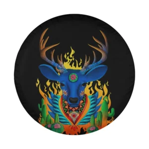 huichol deer with third eye, flames, cactus, and folk art patterns