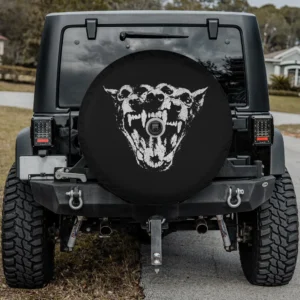 three headed dog snarling fangs grunge spare tire cover with camera hole