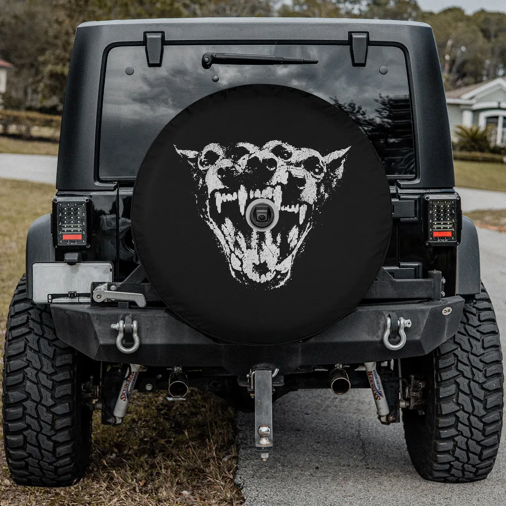 three headed dog snarling fangs grunge spare tire cover with camera hole