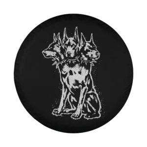 Hand-drawn three headed dog with spiked collar sketch design only