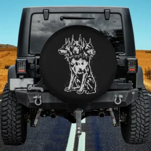 Three headed dog with spiked collar sketch on spare tire cover for Jeep SUV RV