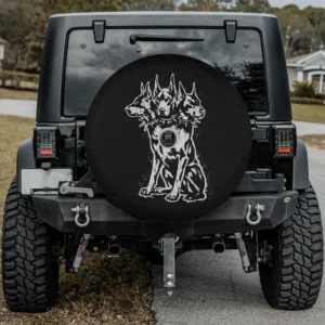 Three headed dog spiked collar sketch spare tire cover with backup camera hole