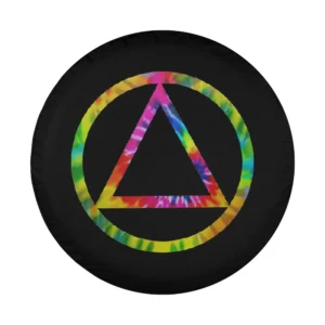 Tie dye AA triangle circle sobriety recovery logo design for spare tire cover
