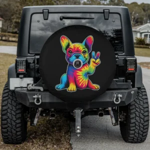 Tie dye French Bulldog peace sign spare tire cover with backup camera hole