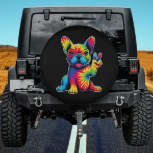 Tie dye French Bulldog with peace sign on spare tire cover for Jeep SUV RV