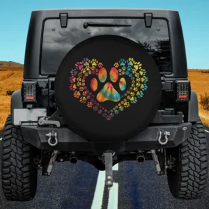 Tie dye heart dog paw print animal lover spare tire cover with no camera hole