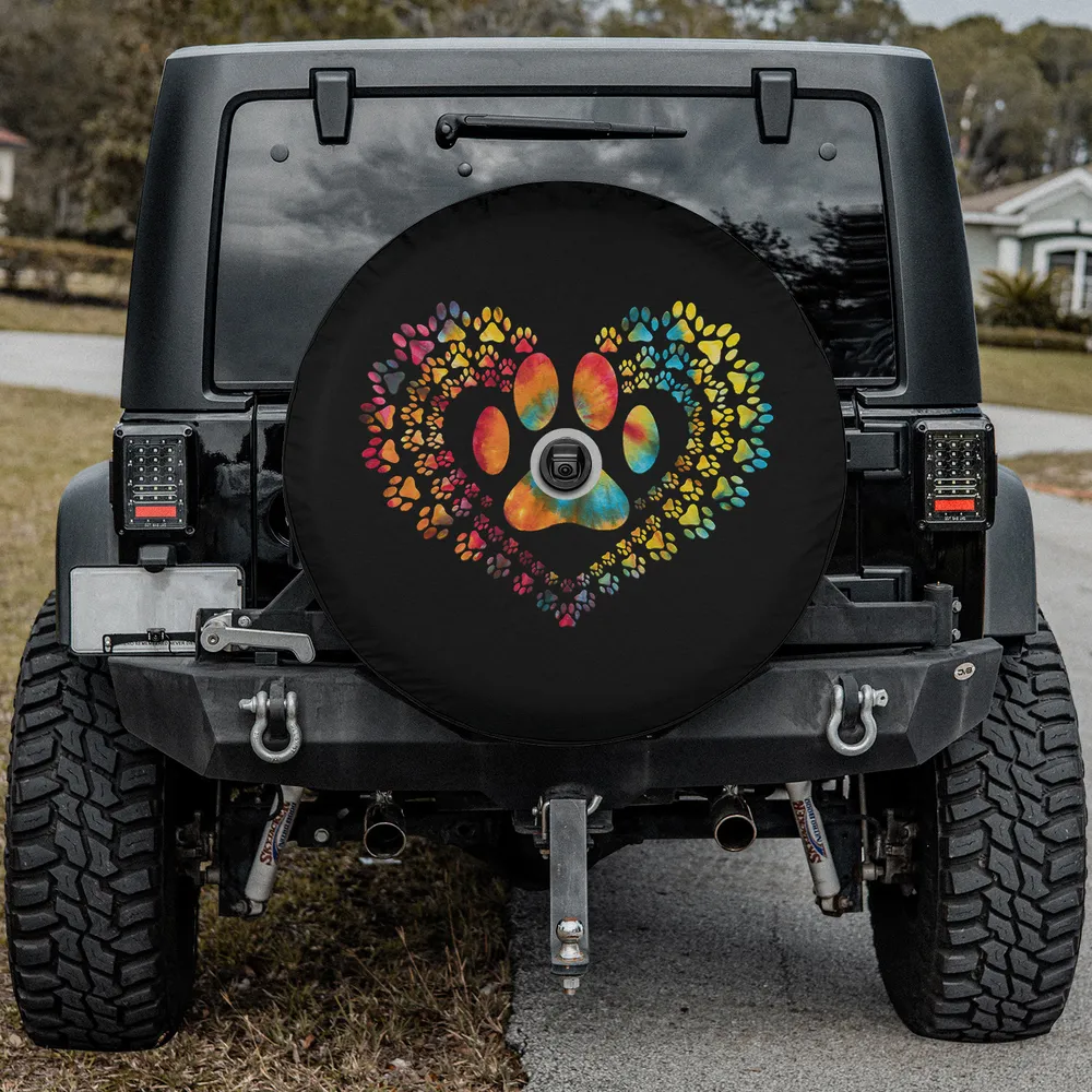 Tie dye heart dog paw print animal lover spare tire cover with camera hole