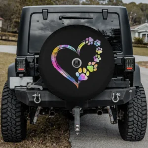 Tie dye heart dog paw print spare tire cover with backup camera hole for Jeep Wrangler