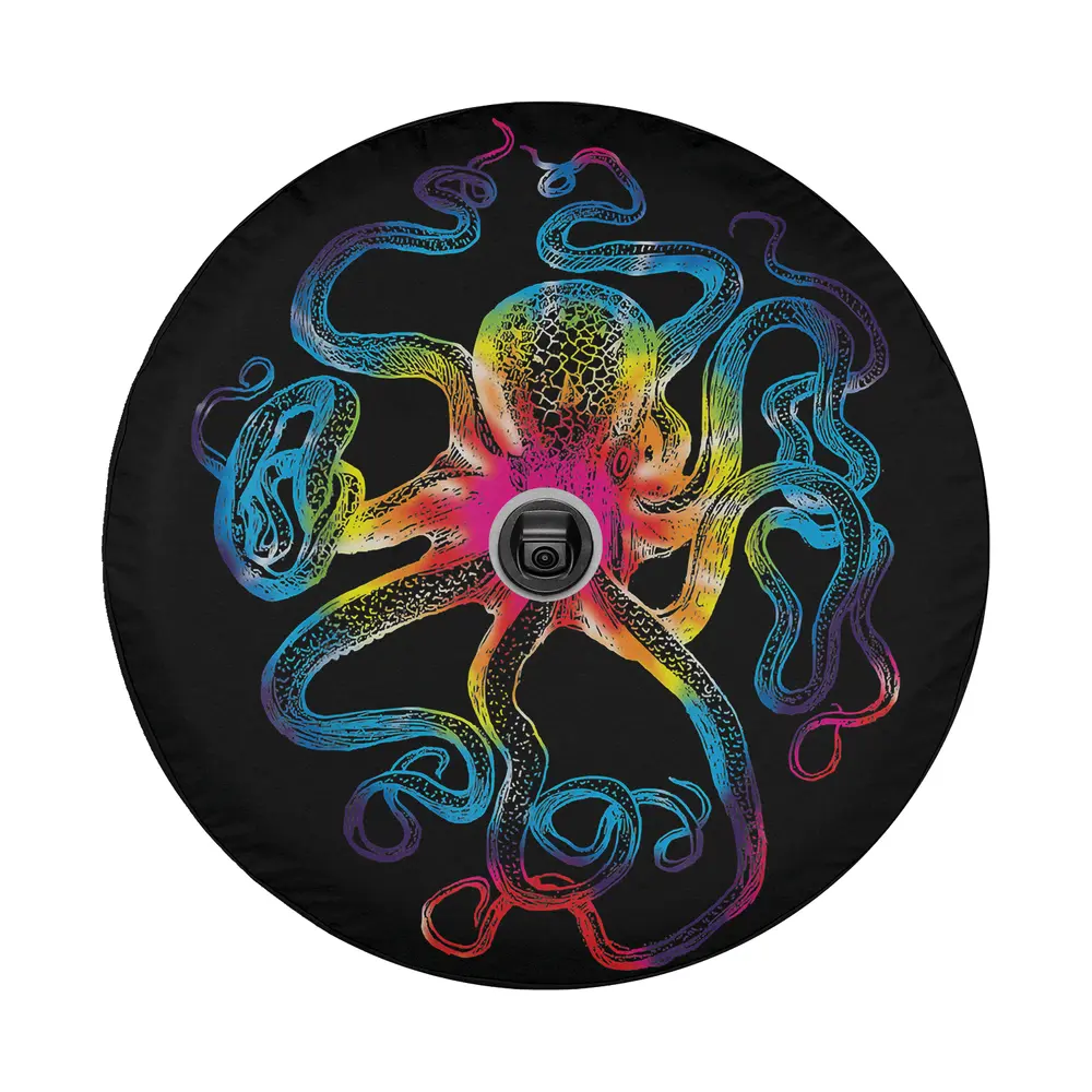 Psychedelic tie dye kraken octopus design for spare tire cover closeup