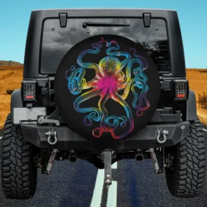 Tie dye kraken psychedelic octopus spare tire cover on Jeep with no camera hole