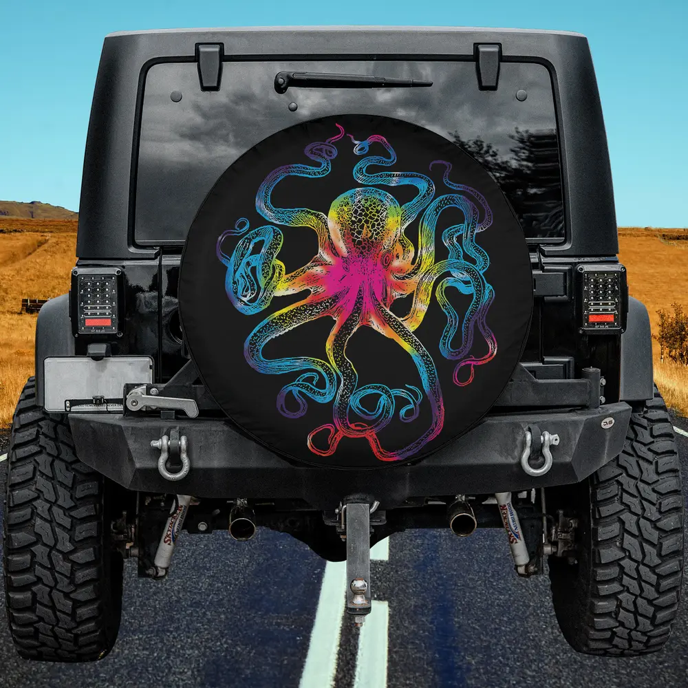 Tie dye kraken psychedelic octopus spare tire cover on Jeep with no camera hole