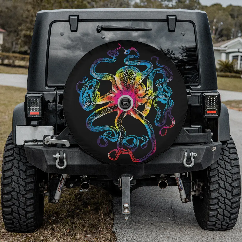 Tie dye kraken psychedelic octopus spare tire cover with backup camera hole for SUV
