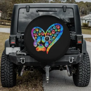 Tie dye love dog paw print heart spare tire cover with backup camera hole for Jeep Wrangler