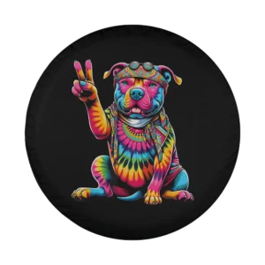 Tie dye pit bull dog with peace sign design for spare tire cover
