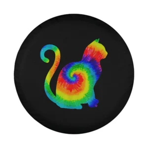 Psychedelic tie dye rainbow cat silhouette hippie costume design on spare tire cover