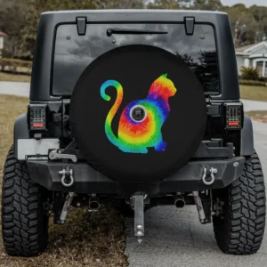 Tie dye rainbow cat hippie costume spare tire cover with backup camera hole for Jeep Wrangler