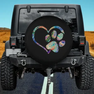 Tie dye rainbow heart dog paw print spare tire cover with no camera hole for Jeep, SUV, RV