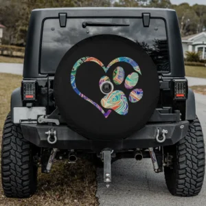 Tie dye rainbow heart dog paw print spare tire cover with backup camera hole for Jeep, SUV, RV