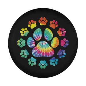 Tie dye rainbow paw print dog spare tire cover design closeup