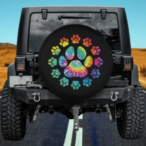 Tie dye rainbow paw print dog spare tire cover with no camera hole for Jeep or SUV