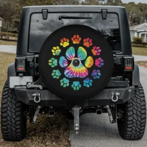 Tie dye rainbow paw print dog spare tire cover with backup camera hole for Jeep or SUV