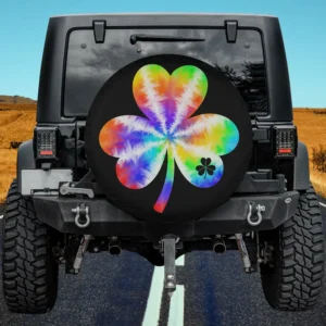 Tie Dye Rainbow Shamrock Black St Patricks Day Spare Tire Cover No Camera Hole