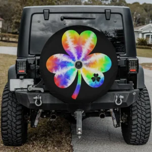 Tie dye rainbow shamrock black St Patrick's Day spare tire cover with camera hole for SUV